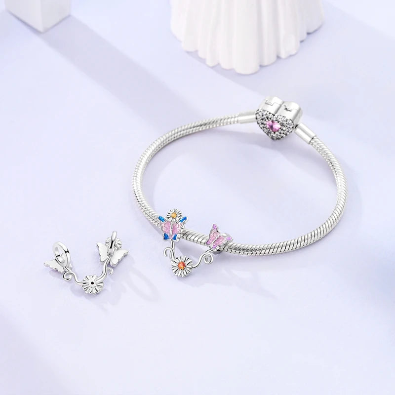 Fit Original Bracelet 925 Silver Butterfly and Sunflower Heart Shape Charms Beads For Women Jewelry Making Fashion Pendant.