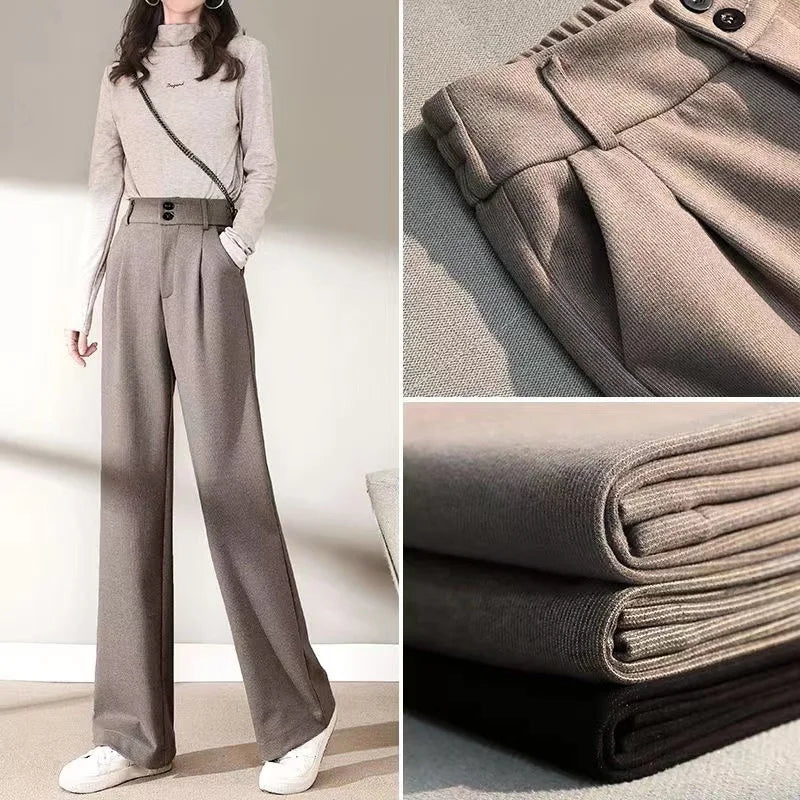 2024 Autumn Winter Women Concise Woolen Pants Lady Wide Leg Designer Outside Trousers Female Thicken High Waisted Draping Pants.