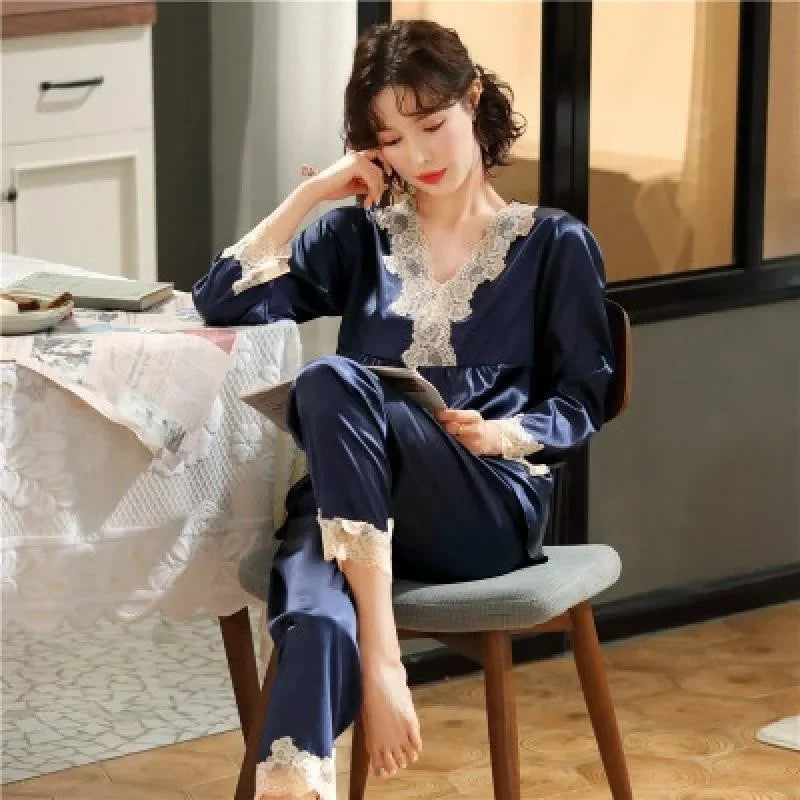 Mädchen-Pyjama aus Kunst-Eisseide, langärmliges Damen-Pyjama aus grüner Spitze mit Premium-Feeling, zweiteiliges Set süßer Loungewear, liebeblauer Stoff.