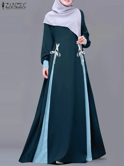 ZANZEA Mode Frauen Langarm Muslimischen Abaya Kleid Frühling Patchwork Maxi Kleider Robe Femme IsIamic Vestidos Lace Up Sommerkleid