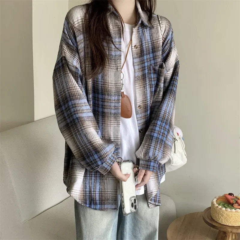 Zjaiss Women Thick Woolen Plaid Blouse Loose Long Sleeved Tops 2025 Autumn Winter New Casual Shirt Long Shirts