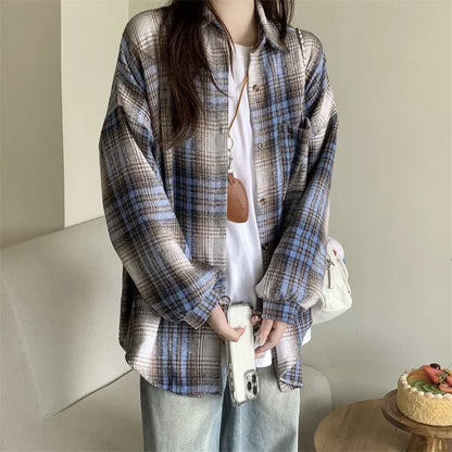 Zjaiss Women Thick Woolen Plaid Blouse Loose Long Sleeved Tops 2025 Autumn Winter New Casual Shirt Long Shirts