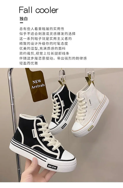 Maogu Women Autumn 2023 New Fashion Thick Platform Leisure Sports Shoe White Sneakers Breathable Casual High Top Canvas Shoes 40.