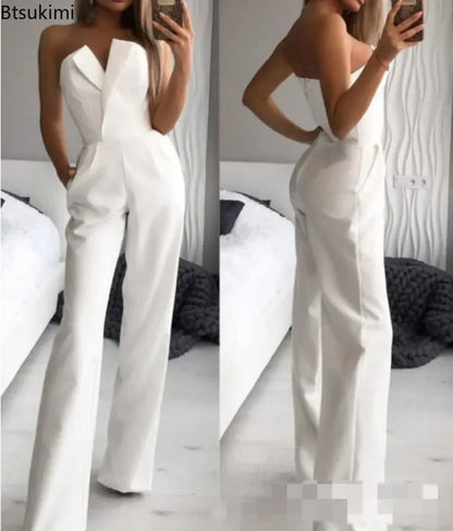 2025 Women's Elegant Jumpsuits Solid Off Shoulder Sexy Club Jumpsuit Female Sleeveless High Waist Slim Wide Leg Jumpsuit Pants.