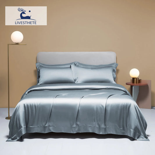Liv-Esthete Noble 100% Silk Bedding Set Blue Gray Summer Duvet Cover Pillow Case Bed Sheet Quilt Cover Double King Queen Sets.