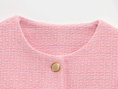 TRAFZA Frauen Elegante Solide Gürtel Westen Tops O Neck Metall Taste Ärmellose Weste Büro Dame Oberbekleidung Casual Blazer Tops.