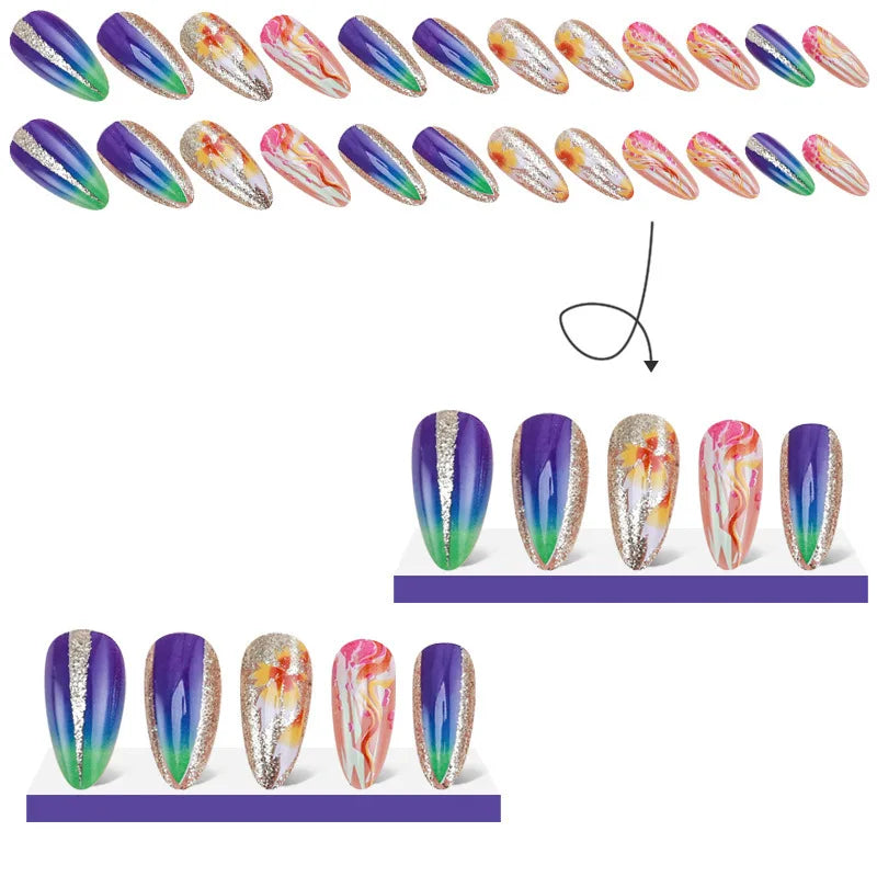 24pcs/set short medium long fake nails for Spring summer season gradient peach flowers butterfly heart press on false nail art.