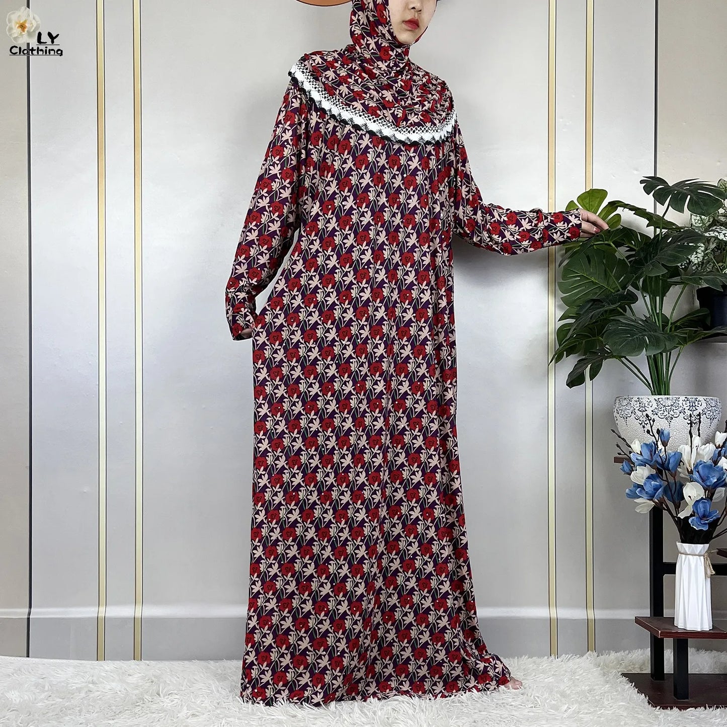Muslim Ramadan Prayer For Women Long Sleeved Floral 2023Dubai Turkey Middle East Femme Loose Robe African Abayas Headscarf Dress.