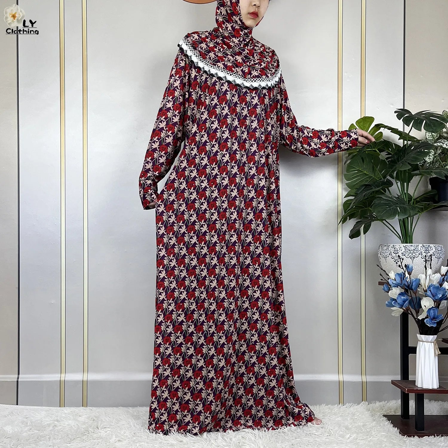 Muslim Ramadan Prayer For Women Long Sleeved Floral 2023Dubai Turkey Middle East Femme Loose Robe African Abayas Headscarf Dress.