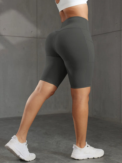 CHRLEISURE Women Solid Yoga Shorts with 3 Pockets High Waist Butt Lifting Workout Tights Gym Elastic Cycling Shorts Activewear.