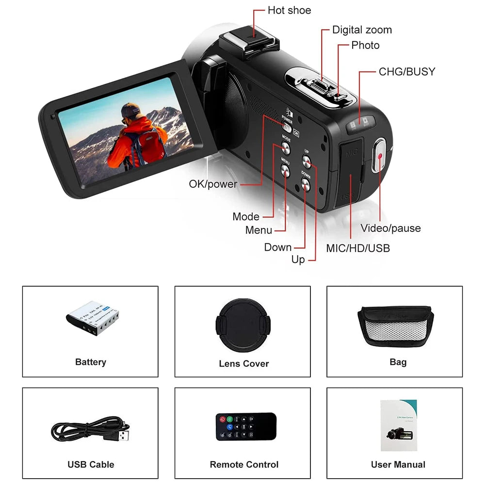 4K Portable Digital photography Camera 2 in1 Photo Video Record DV Travel Video Camera 18X Zoom 3'' Rotatable Screen With Flash.