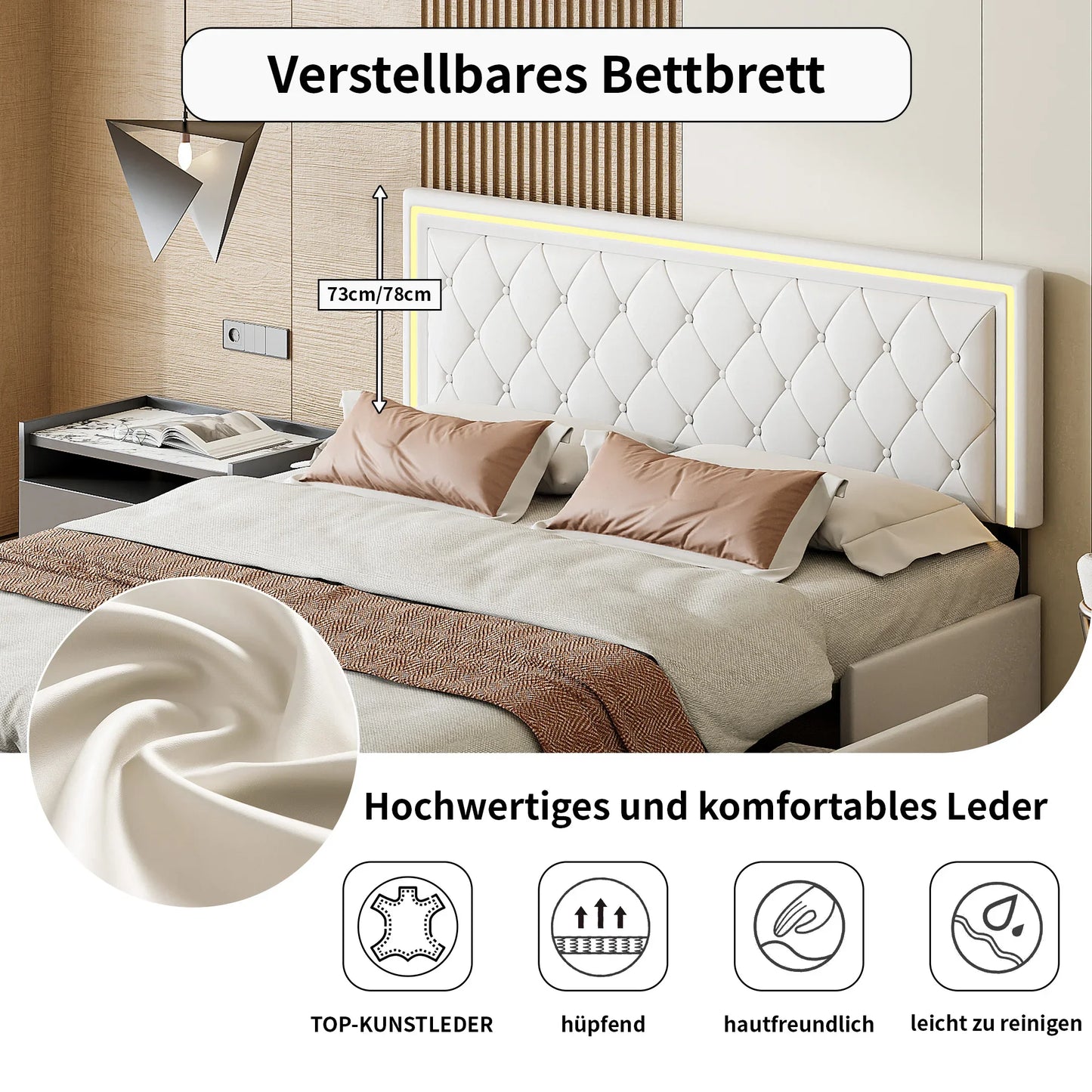 Lazyspace 4 Schubladen + RGB-LED-Kopfteil-Bettgestell, PU-Polsterbett, moderne Queen-Size-Einzel-Doppelbetten, Schlafzimmermöbel