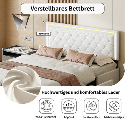 Lazyspace 4 Schubladen + RGB-LED-Kopfteil-Bettgestell, PU-Polsterbett, moderne Queen-Size-Einzel-Doppelbetten, Schlafzimmermöbel