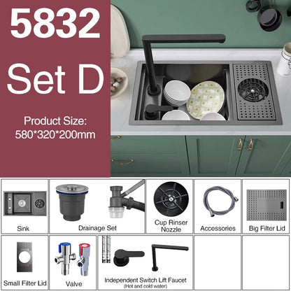 ASRAS Nano Black Small Size Kitchen Sink Cup Washer Hidden Bar Counter Cover Concealed Single Bowl Sinks With Lifting Faucet