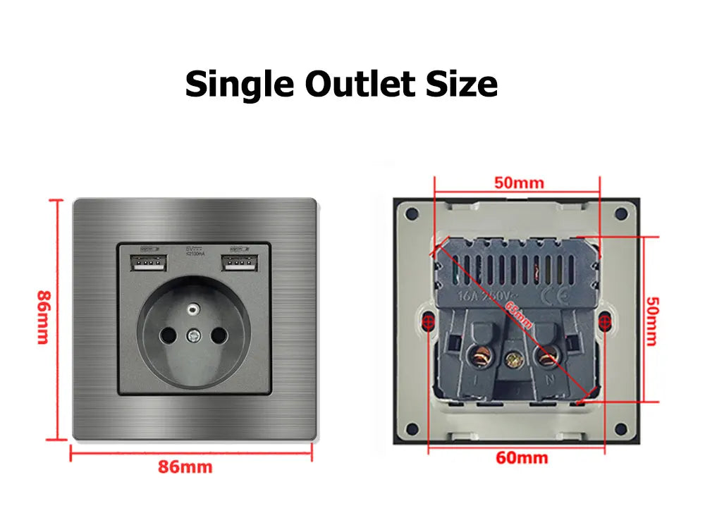 EIOMR Frankreich Standard-Steckdose, graue Aluminiumlegierung, Lichtschalter, RJ45, Fernseher, 220 V, 16 A, Wandsteckdosen für Haushaltsgeräte.