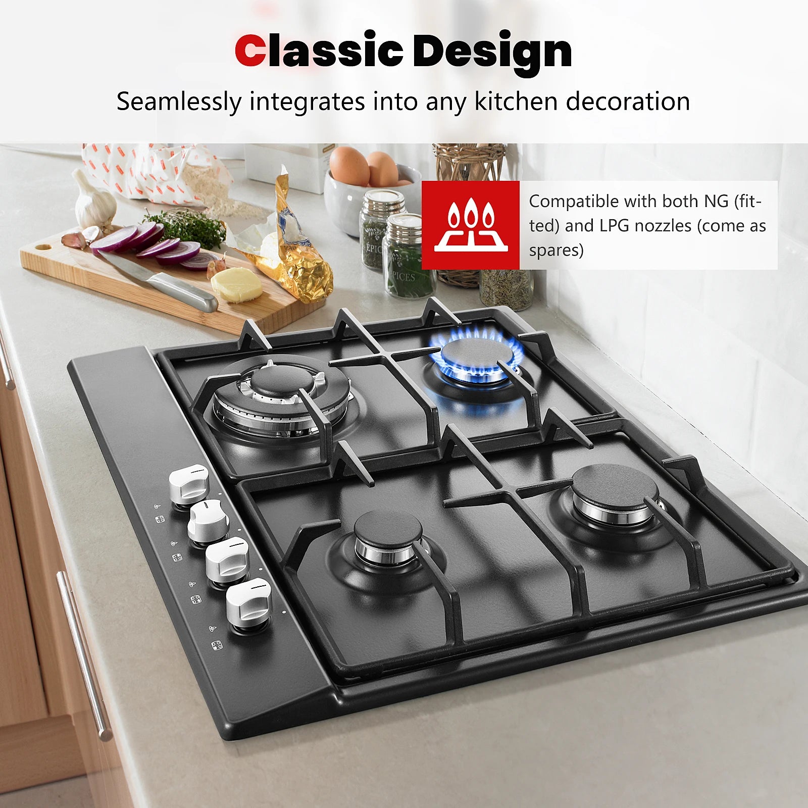 4 Burners Black Enamelled Plate 58 cm Automatic Flame Protection, Natural Gas and Propane Gas, Built-in Gas Hob.