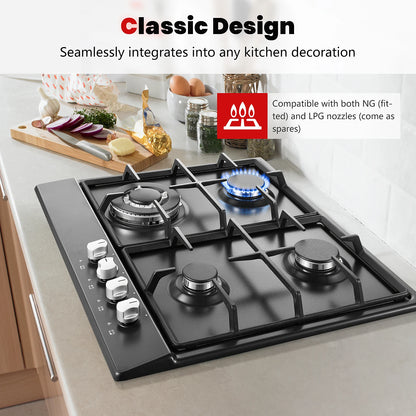 4 Burners Black Enamelled Plate 58 cm Automatic Flame Protection, Natural Gas and Propane Gas, Built-in Gas Hob.