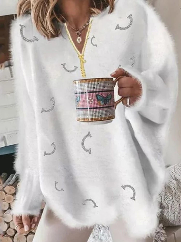 Women's V Neck Long Sleeve Sweater Casual Loose Fit Pullover Sexy Zipper Warm Knit Printed 2024 Fashion Trend for Women.