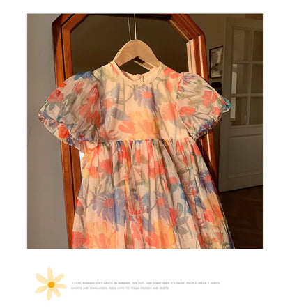 2023 sommer Kinder Kleidung Puff Sleeve Blumen Druck Kleid Für Mädchen Mesh Kinder Kleid für Mädchen