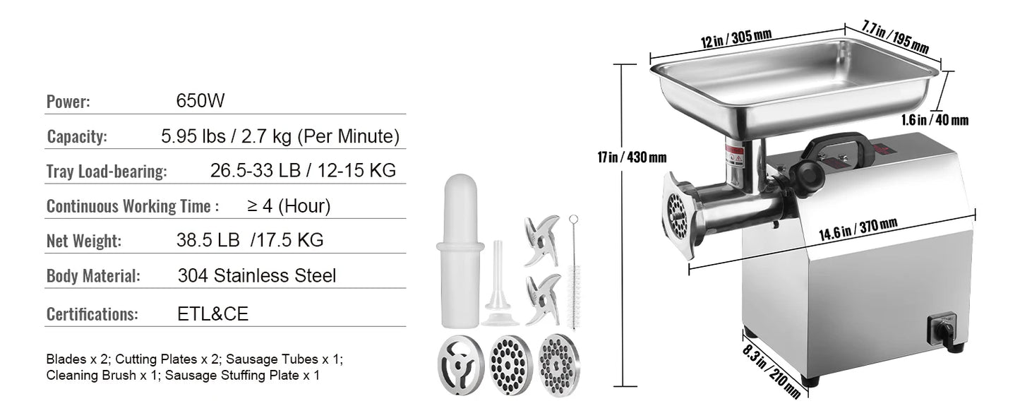 SucceBuy Electric Meat Grinder Food Processors Sausage Maker Filler Mincer Stuffer Stainless Steel with 2 Blades for Kitchen.