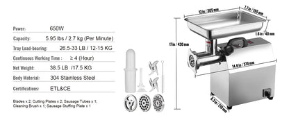 SucceBuy Electric Meat Grinder Food Processors Sausage Maker Filler Mincer Stuffer Stainless Steel with 2 Blades for Kitchen.
