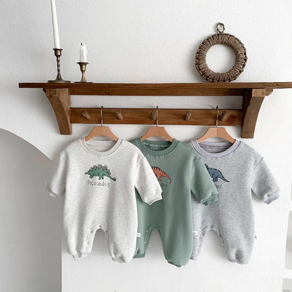 Neuankömmling Cartoon Dino Print Baby Neugeborenen Stram pler Säuglings mädchen Overalls Langarm Jungen Kleidung ein Stück.