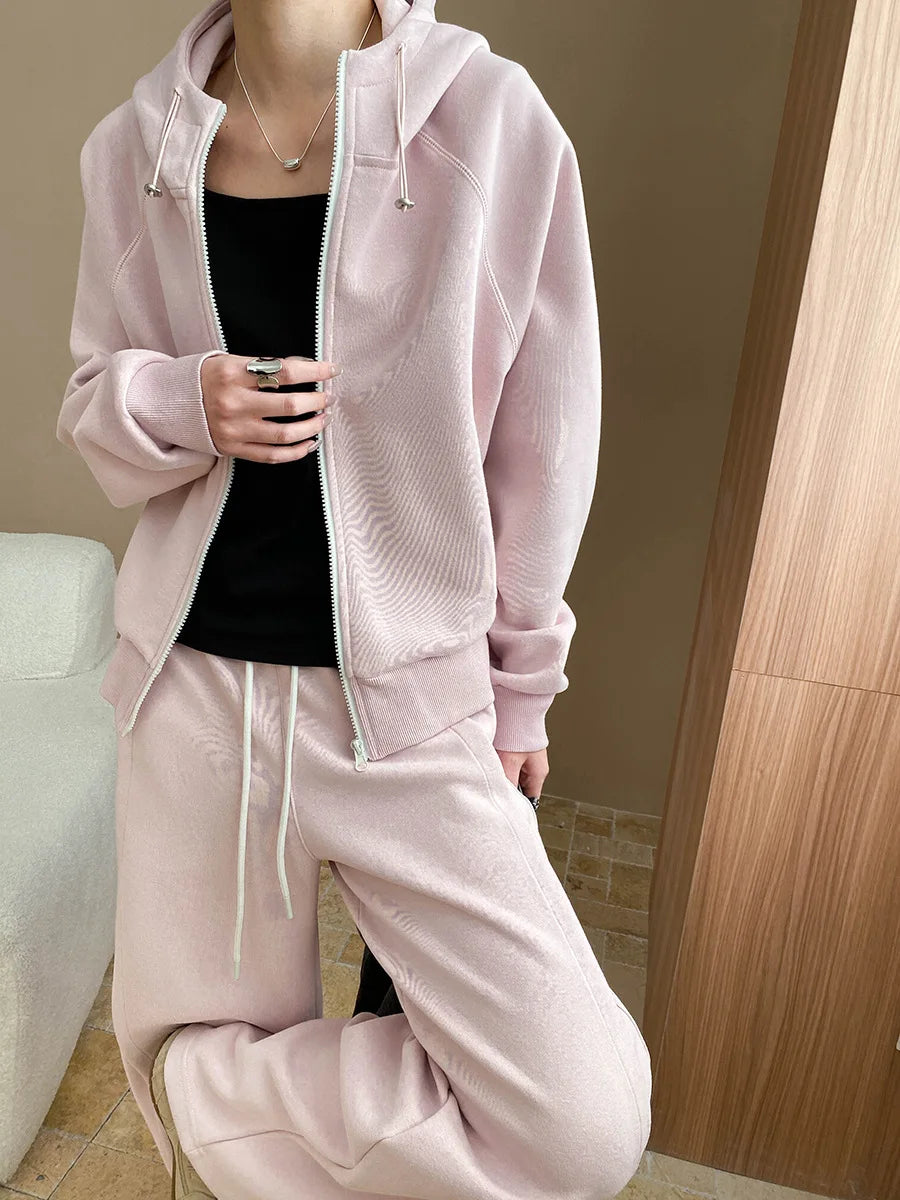 Spring and Autumn Women's Casual Solid Color Loose Hooded Sweatshirt+High Waist Loose Pants Set.