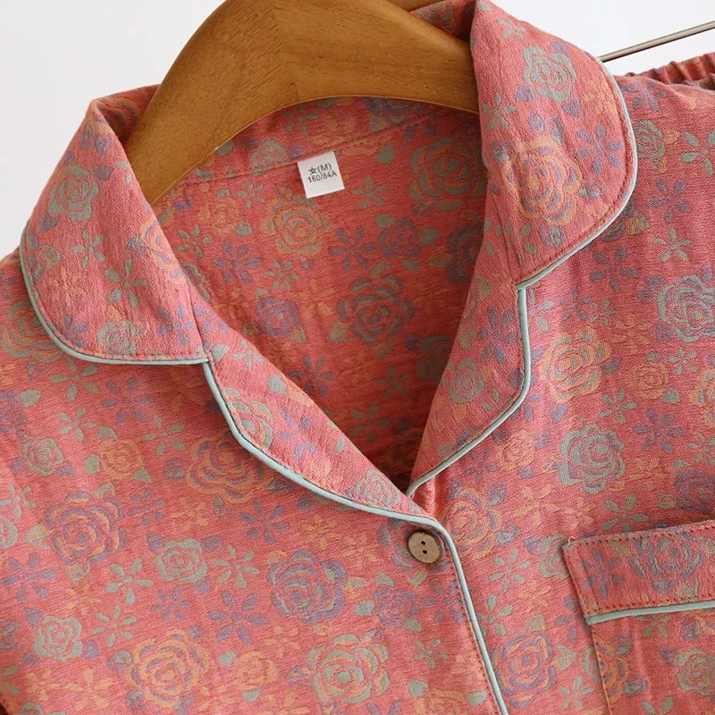 100% Cotton Crepe Homeclothes 2023 Autumn/Winter Women's Pajamas Suit Long-Sleeved Trousers 2-piece Yarn-Dyed Jacquard Pajamas