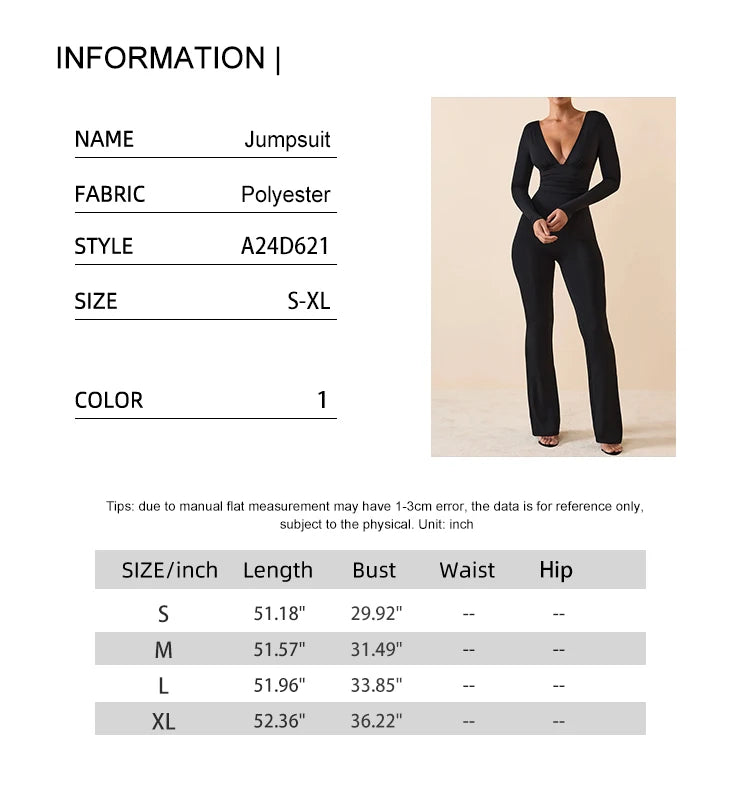 Schwarz Plissee Big Flare Overall Langarm V-ausschnitt Dünne Overall Hosen Frauen Sexy Schlanke Rückenfreie Langarm Hosen
