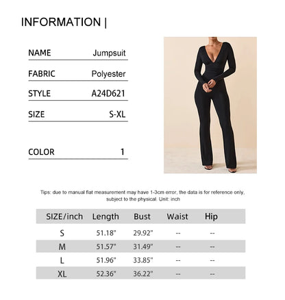 Schwarz Plissee Big Flare Overall Langarm V-ausschnitt Dünne Overall Hosen Frauen Sexy Schlanke Rückenfreie Langarm Hosen