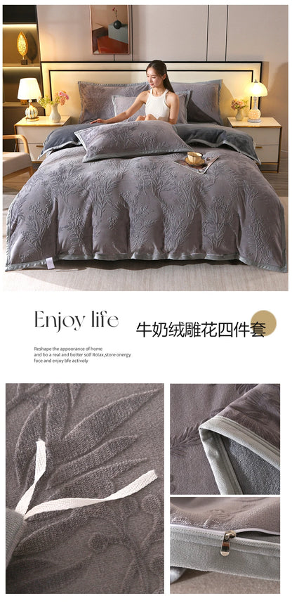 2025 new light luxury high gram weight carved fleece milk fleece bed sheet four-piece set thickened warm bedding winter.