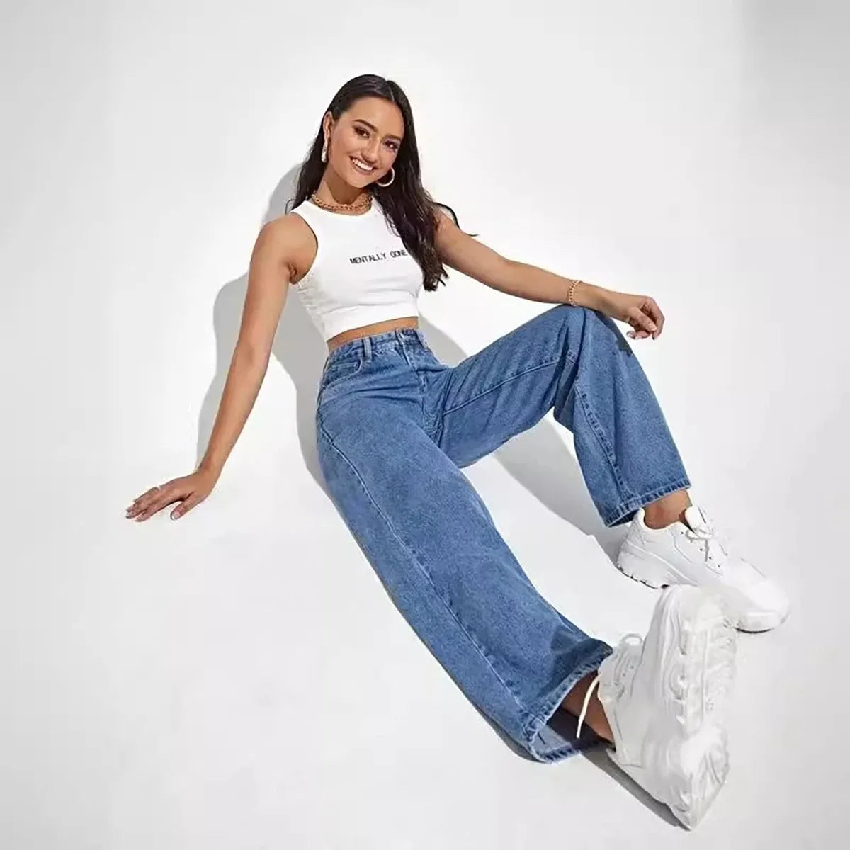 Fashion retro blue jeans women y2k High street baggy straight pants High waisted all-in-one slim pants.