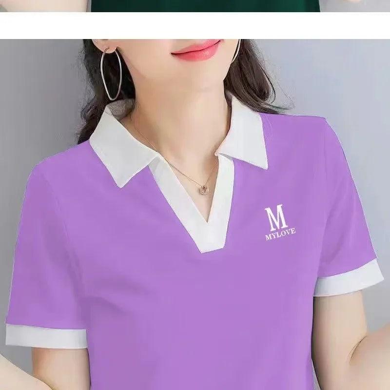 Loose Fit Women's Short Sleeve Polo Neck T-Shirt Summer Slimming Fashionable Top Quality Pure Color Cross-Border Independent.
