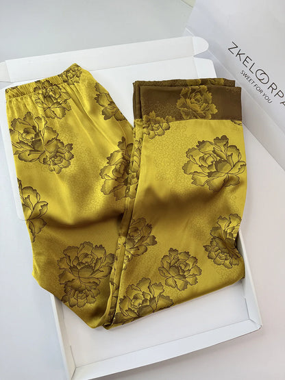 Chinese Style Print Flower 3PCS Pajamas Set Loungewear Summer New Women Sleepwear Short Sleeve Trouser Suit Silk Satin Homewear.