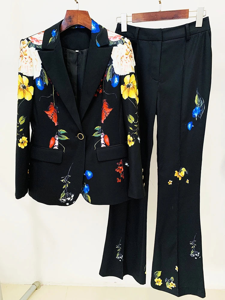 HIGH STREET Newest 2025 Designer Runway Suit Set Women's Single Button Floral Printed Blazer Flare Pants Suit 2pcs.