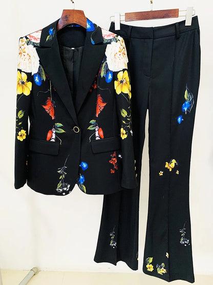 HIGH STREET Newest 2025 Designer Runway Suit Set Women's Single Button Floral Printed Blazer Flare Pants Suit 2pcs.