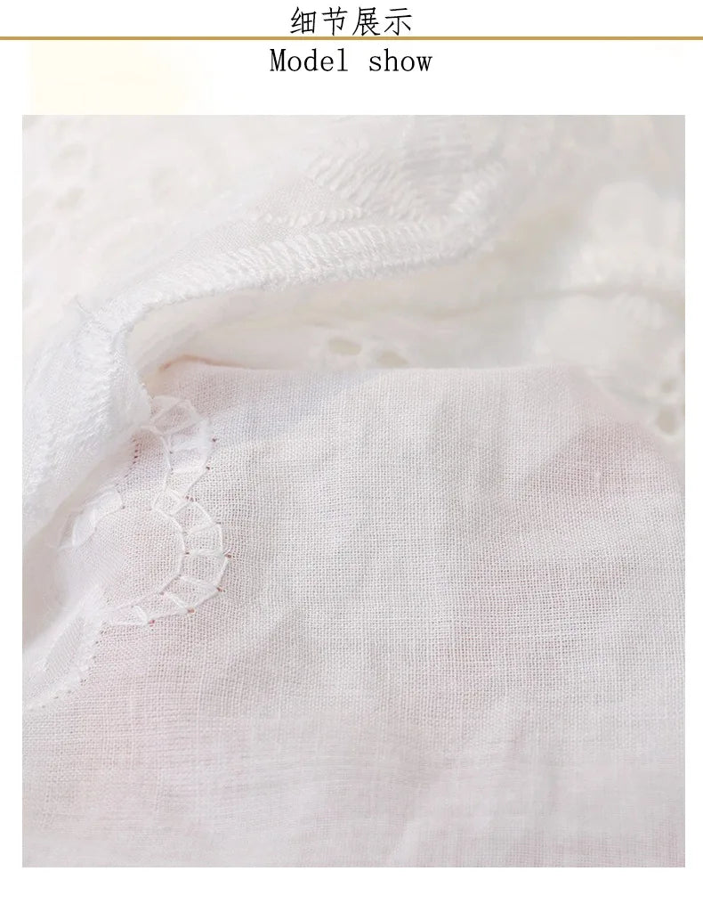 2024 frühling Sommer Kurzes Kleid Einfarbig Baumwolle Lose Taille Weiß Spitze Pullover Urlaub Stil Kleid.