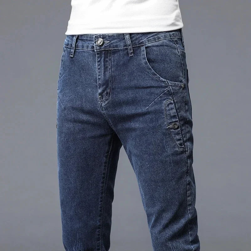 2024 New Men's Skinny Jeans Blue Gray Cotton Elasticity Straight Pencil Foot Slim Fit Fashionable Casual Denim Long Pants Male.