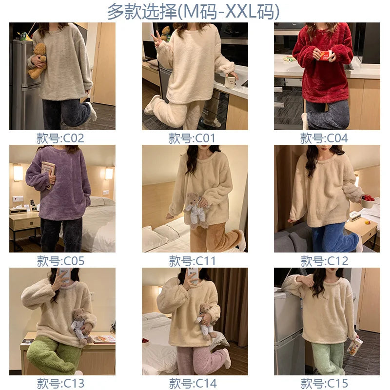 Winter Fleece Women Pajamas Set  Sleepwear Solid Velvet 2 Piece Pant Home Suit Fluffy Casual Warm Flannel Night Wear.