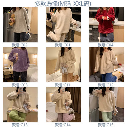 Winter Fleece Women Pajamas Set  Sleepwear Solid Velvet 2 Piece Pant Home Suit Fluffy Casual Warm Flannel Night Wear.