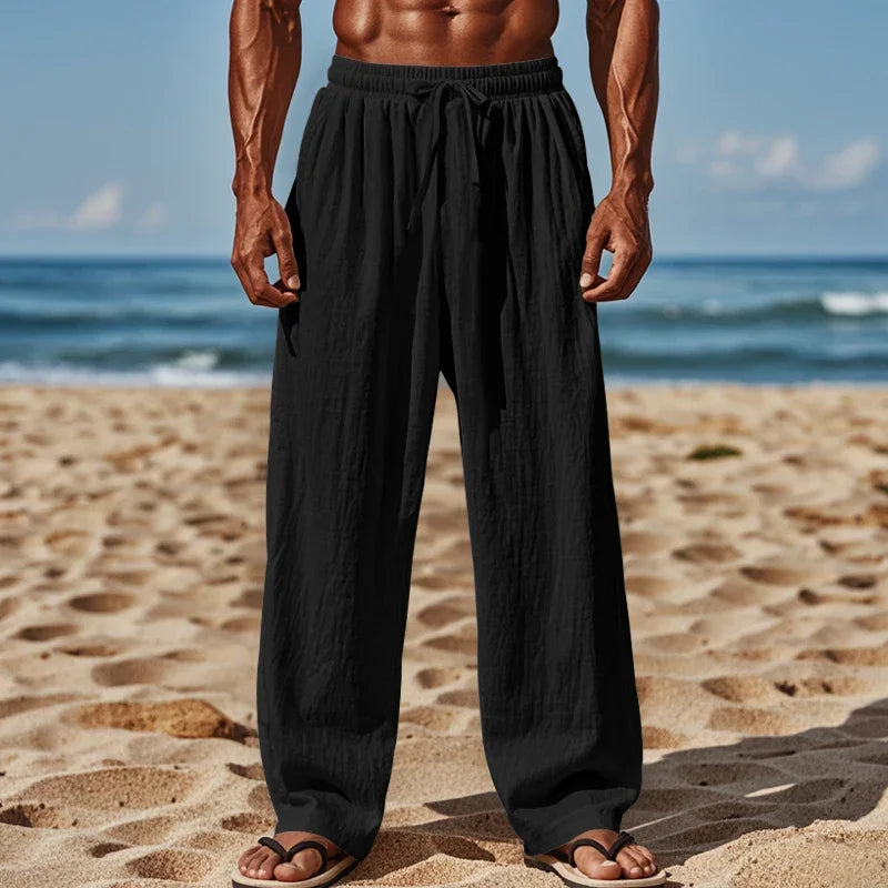 Men's Linen Casual Pants Elastic Waist Beach Pants Lightweight Drawstring Summer Yoga Pants Solid Color Beach Pants.