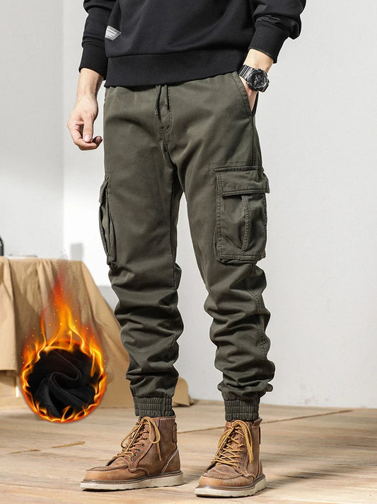 2024 New Winter Cargo Pants Men Multi-Pockets Drawstring Fleece Liner Thick Warm Overalls Joggers Casual Cotton Thermal Trousers.