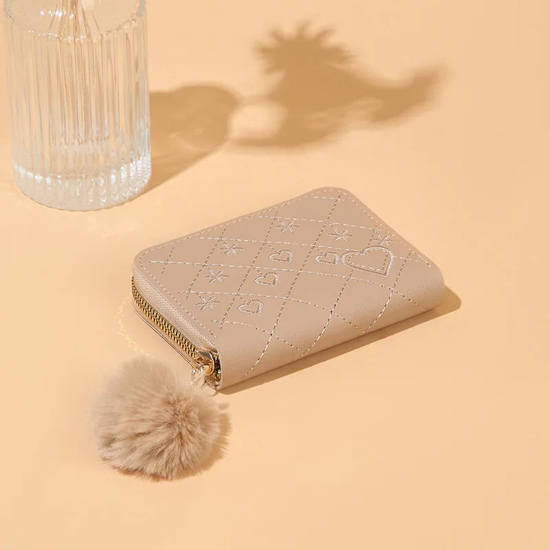 Women Fashion Zipper Wallet with Hairballs Simple Versatile Short Coin Purse Multi-Functional Multi-Card Slot Card Bag.