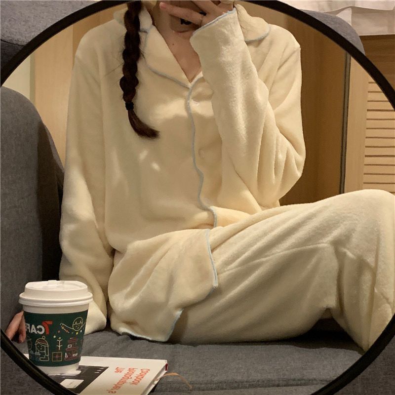 Flannel Women's Pajamas Sets Casual Autumn Winter Sleepwear Velvet Pyjama Ladies Cardigan Simple Bedroom Soft Warm Home Clothes.