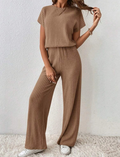 Two Piece Pant Sets Women Straight Pants Tops Pullover Short Sleeve Round Neck Spliced Top Solid Casual Streetwear Summer