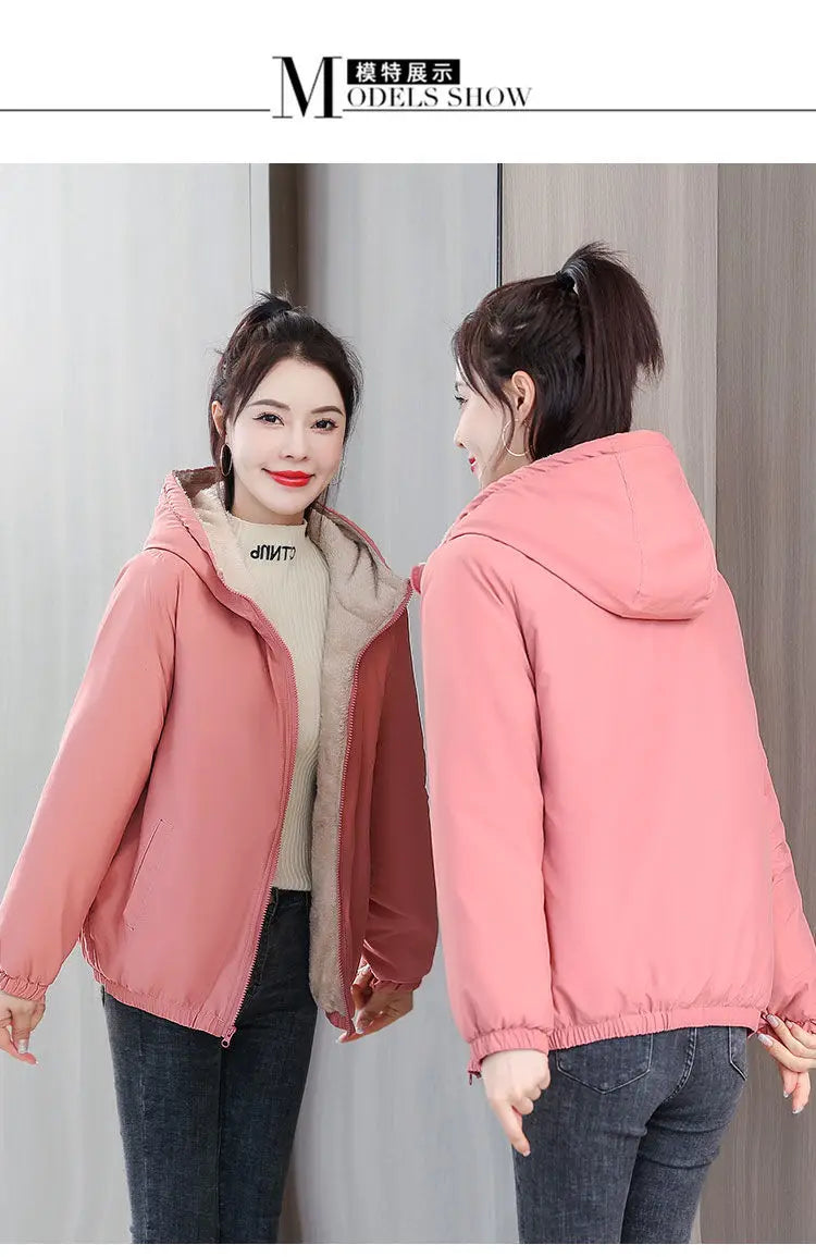 Women's Fleece Coat Winter Warm Thicken Solid Windbreaker Hooded Cotton Plush Hooded Jackets Casual Outdoor Windproof Jacket.