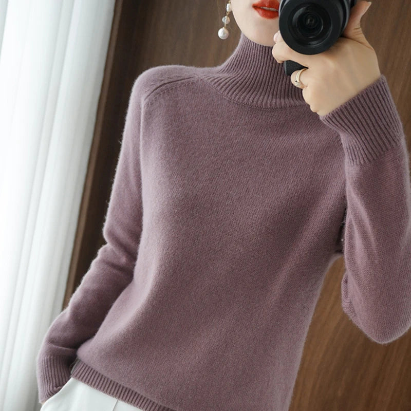 Frauen Herbst Winter Roll kragen pullover elegante schlanke feste gerippte gestrickte Kaschmir pullover weibliche Langarm Pullover Strickwaren.