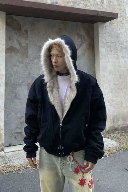 American Retro Woolen Collar Hooded Cotton Jacket Winter Thick Plush Top Men Street Hip-Hop Gothic Harajuku Oversize Jacket Coat.