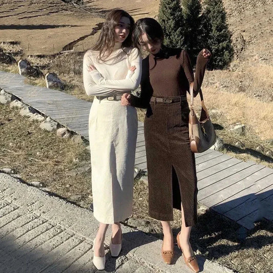 Vintage Brown Corduroy Skirts Women Autumn Winter Elegant with Belt Split Pencil Skirt Fashion High Waist Slim Midi Skirt Female.