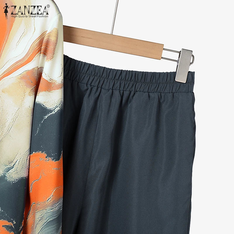 ZANZEA Fashion Women Two Pieces Sets Long Sleeve Lapel Shirt Wide Leg Pant Sets 2PCS Holiday Outfits Casual OL Work Tracksuits.